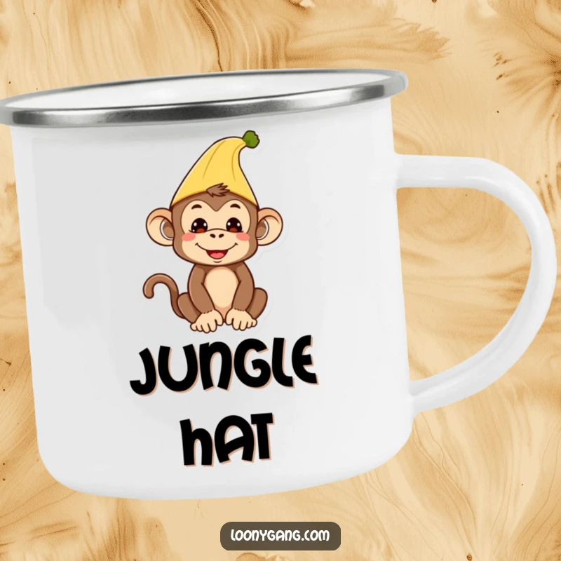 Funny Monkey Camping Mug: Sturdy mug featuring a silly monkey wearing a banana peel hat.