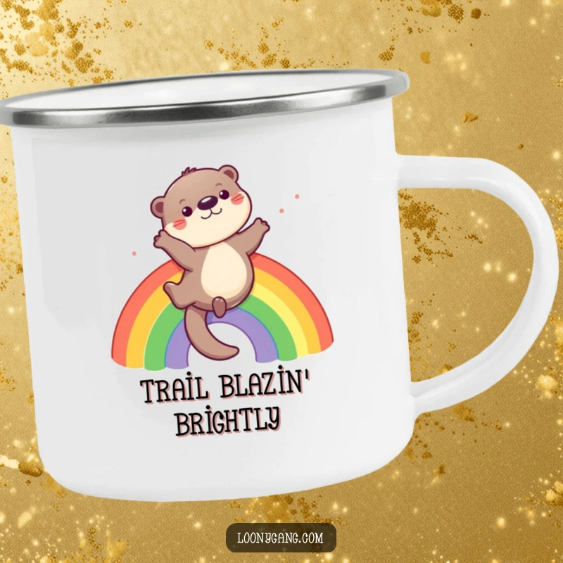 Funny otter camping mug with a playful otter sliding down a rainbow, perfect for outdoor use.