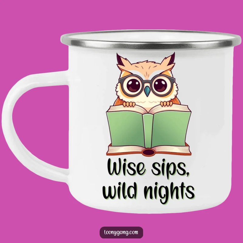 Funny Owl Camp Mug: Durable Enamel Cup with Spectacled Bird, Perfect Outdoor Gift