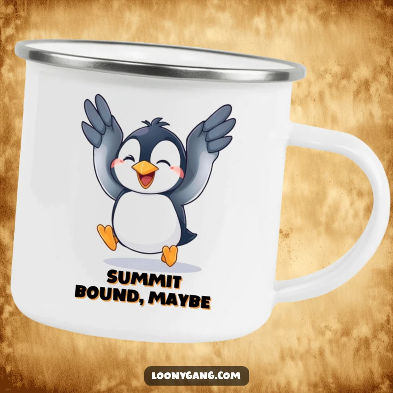 A sturdy camping mug featuring a funny penguin cub flapping its wings with gusto, ready for any outdoor challenge.