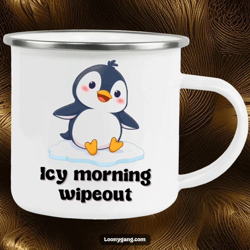 Funny penguin camping mug showing a cartoon penguin slipping on ice, designed for durable and humorous outdoor beverage enjoyment.