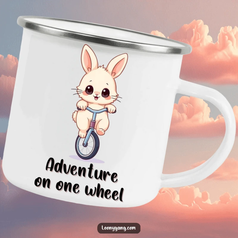 Funny rabbit unicycle camping mug showing a fluffy bunny with wide eyes, balancing on a unicycle, perfect for outdoor drinks with humor.