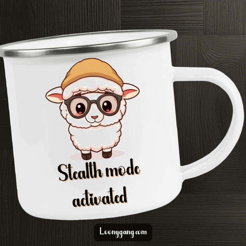 Funny sheep wearing a silly disguise and peeking out from a sturdy camping mug, a humorous and rugged funny gift.
