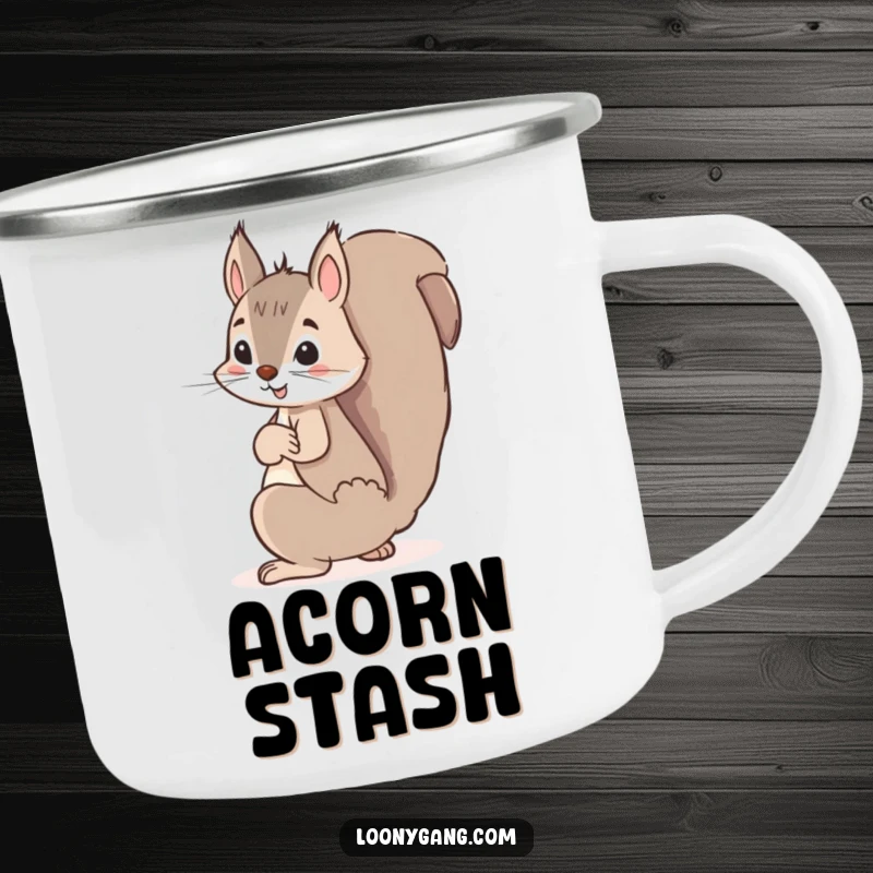 Funny squirrel camping mug, a mischievous squirrel hiding a giant acorn behind its back, ready for campfire coffee and secrets.