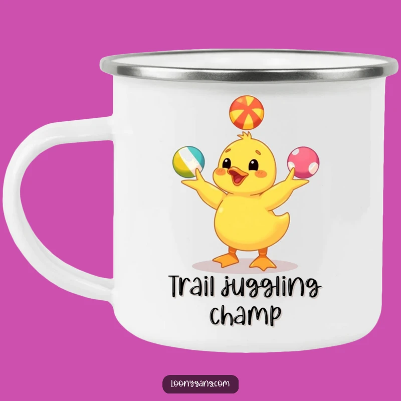 Funny Yellow Duckling Camping Mug: Juggling Outdoors, Cheerful Gift