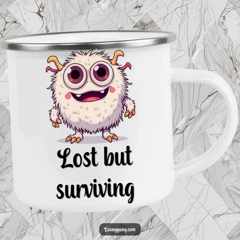 Funny fuzzy monster with too many eyes tripping over its feet, on a durable camping mug for outdoor fun.