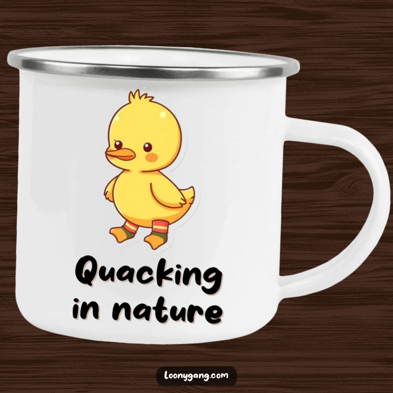 Funny bright yellow duckling camping mug with mismatched socks, perfect for enjoying drinks outdoors with a touch of quirky, funny style. A durable funny friend.