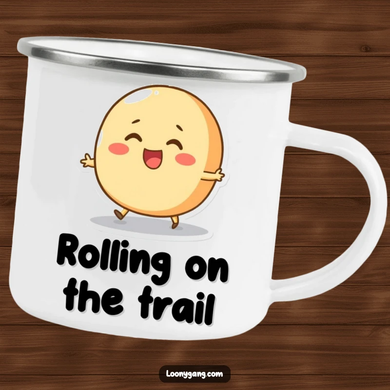 Funny Bread Roll Skip Camping Mug featuring a round, cheerful bread roll character attempting to skip with pure joy, ideal for enjoying drinks outdoors with a happy twist.