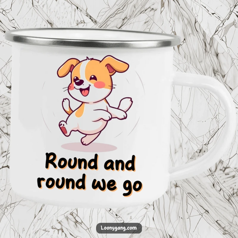 Funny Wobbly Dog Camping Mug showing a dog spinning energetically after its tail, ideal for camping trips and hot beverages with a humorous design.