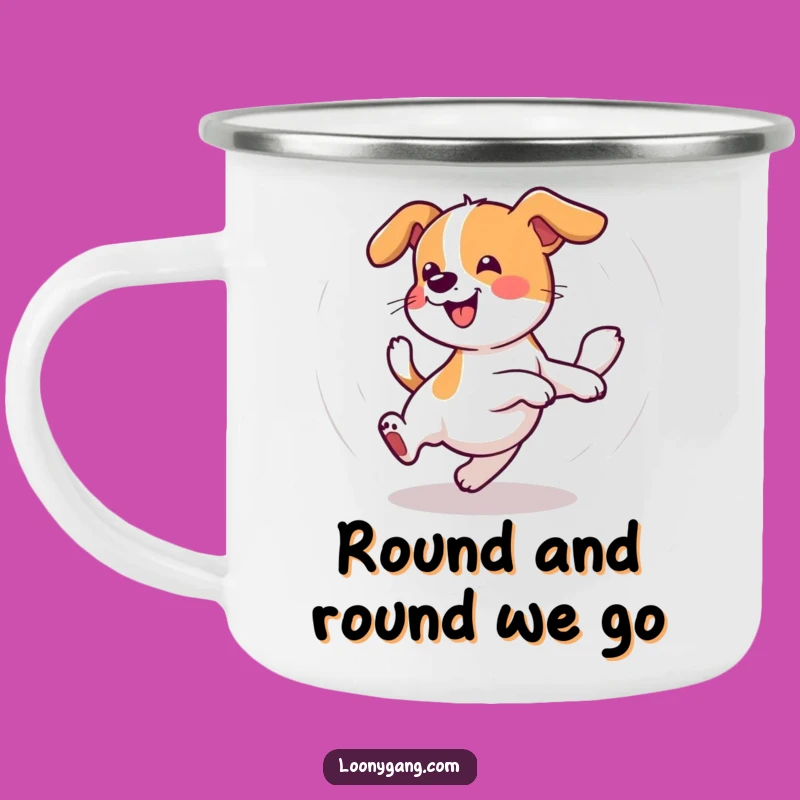 Funny Wobbly Dog Camping Mug: Dizzy Tail Chaser Outdoor Fun