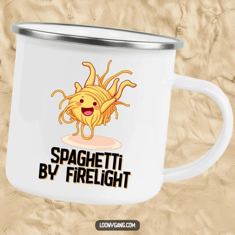 Funny Spaghetti Somersault Camping Mug featuring a grinning spaghetti noodle in a clumsy somersault, ideal for enjoying drinks outdoors with a cheerful twist.