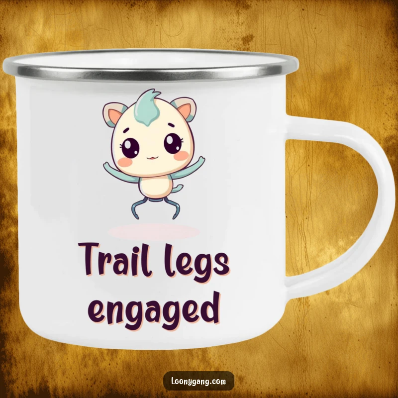 Funny Camping Mug featuring a creature with springy legs, bouncing with infectious joy, ideal for outdoor adventures and warm drinks.