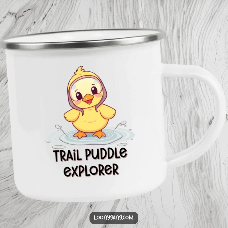 Funny camping mug featuring a happy duckling in galoshes splashing in a puddle, perfect for outdoor fun.