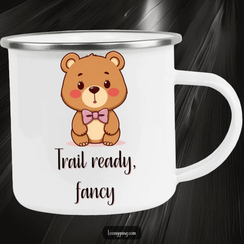 Funny bear cub camping mug with a cute brown bear wearing a hilariously crooked bowtie, durable for outdoor adventures.