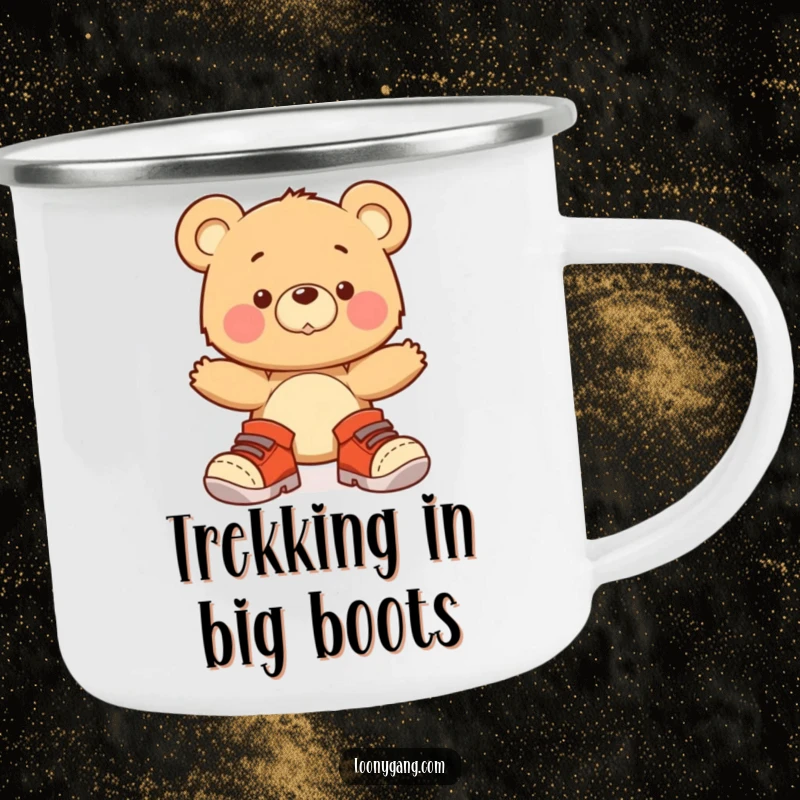 A sturdy camping mug featuring a funny bear cub wobbling in oversized shoes, perfect for enjoying drinks on the go.