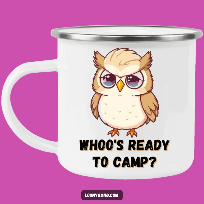 Funny Flustered Owl Camping Mug, Oversized Feather Enamel Cup, Humorous Outdoor Gift