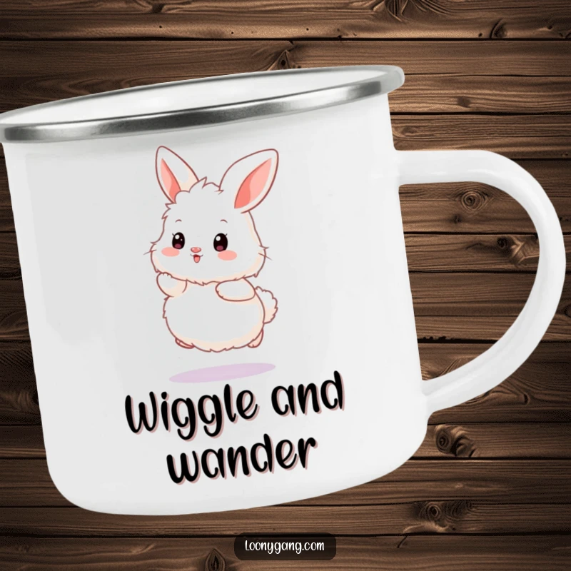 Funny bunny camping mug with a fluffy white rabbit in a comical wiggle hop, durable for outdoor fun.
