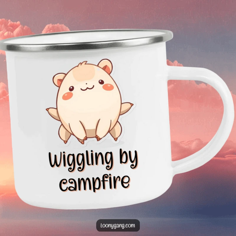 Funny creature with six short legs smiling and wiggling rhythmically, a durable camping mug.