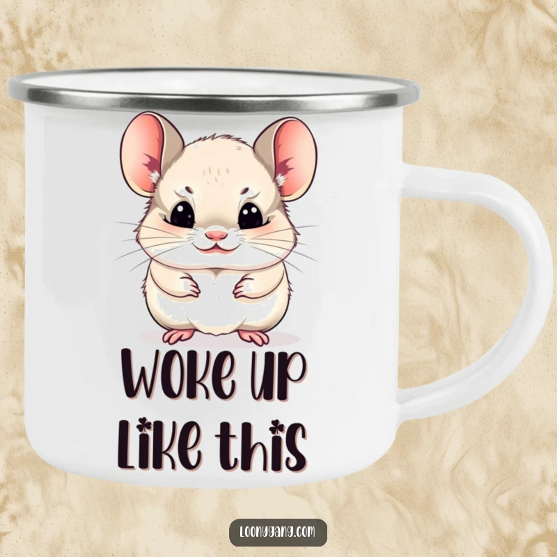 Funny chinchilla cub making a funny face, enamel camping mug, outdoor humor.