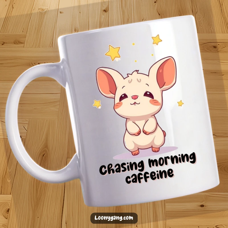 Funny creature with large cupped ears catching falling stars, whimsical mug design for dreamers.