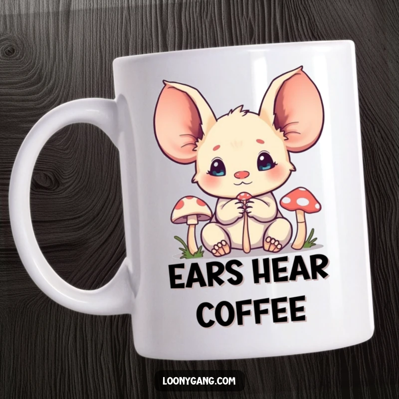 Funny oversized ears mug featuring a creature intently listening to a tiny mushroom, focusing on curiosity and wonder.
