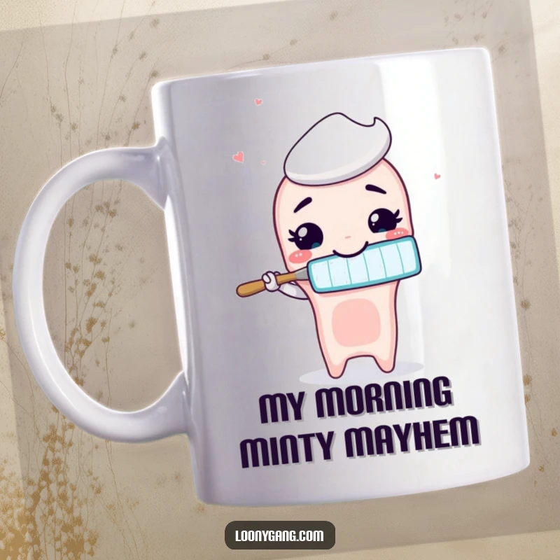 Funny animated toothbrush with a wide, silly smile enthusiastically brushing air, perfect for a quirky and humorous mug.