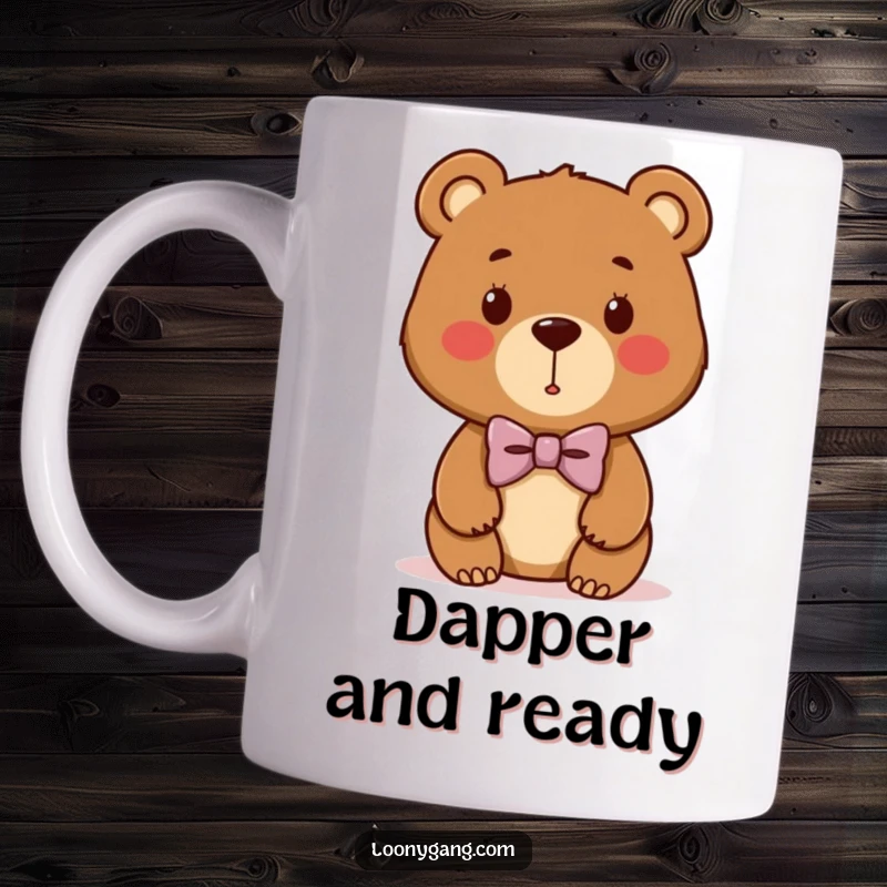 Funny bear cub mug featuring a cute brown bear wearing a hilariously lopsided bowtie, looking endearingly awkward and charming.