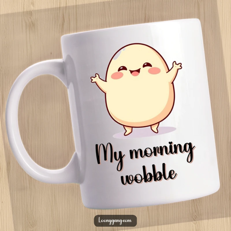 Funny Blob Jig Mug featuring a wobbling, round, smiling character enthusiastically performing a hilarious jig, radiating pure, unadulterated joy and silliness.