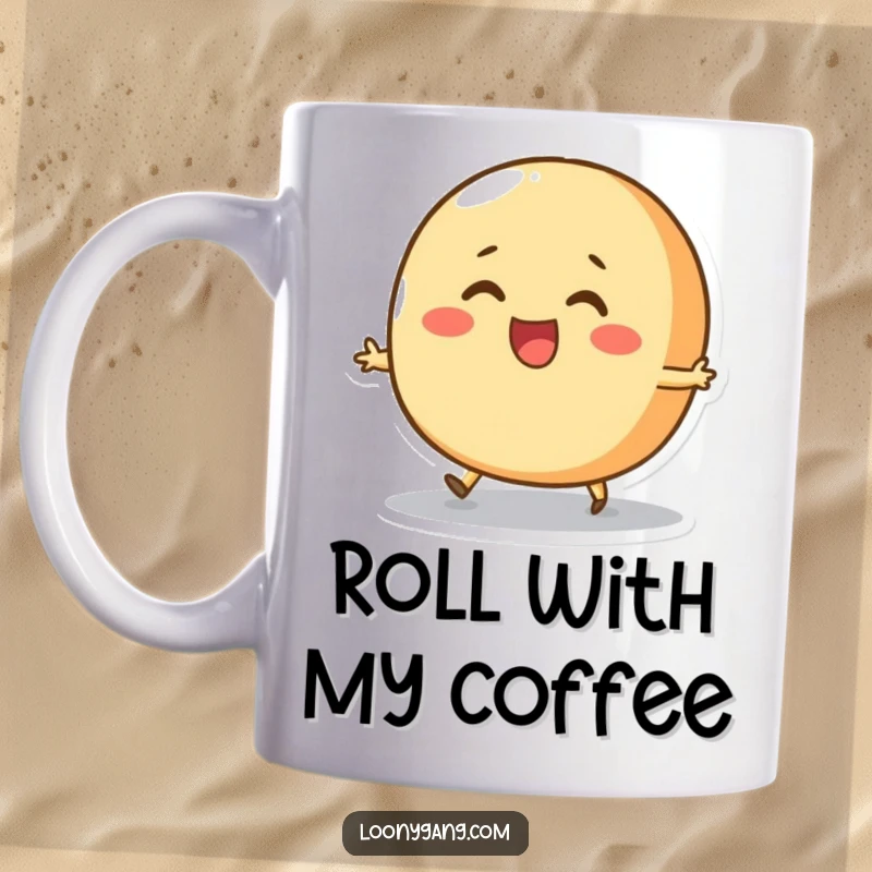 Funny Bread Roll Skip Mug featuring a round, cheerful bread roll character joyfully attempting to skip, radiating pure, wholesome fun.