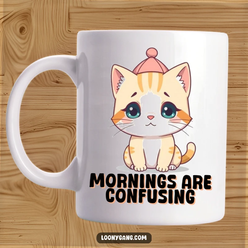 Funny cartoon cat cub wearing a tiny hat backwards, looking utterly confused and adorable, on a ceramic mug.