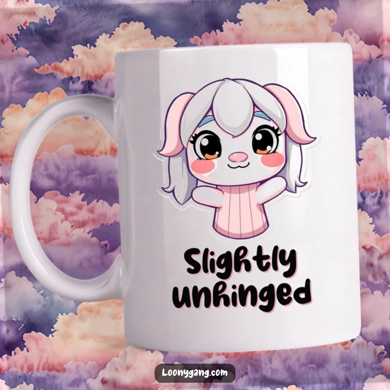 Funny Derpy Sock Puppet Mug: A derpy sock puppet with mismatched eyes wiggles hilariously, bringing playful charm to your mug.