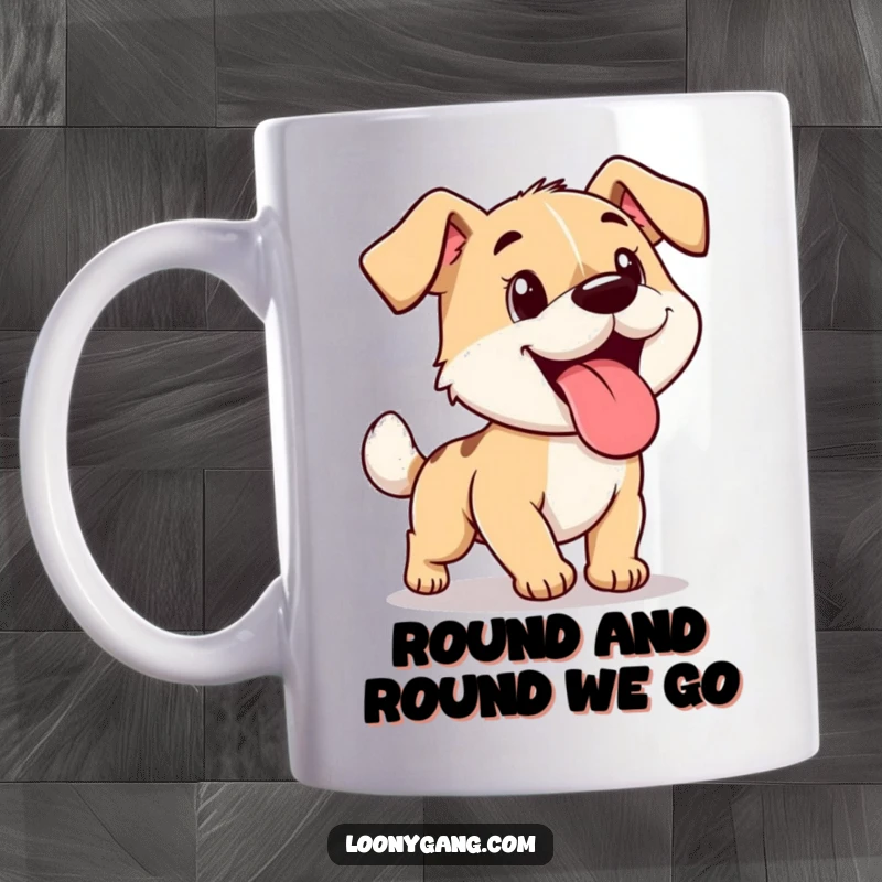 Funny cartoon dog with tongue hanging out, comically chasing its own tail in a dizzying circle on a mug.