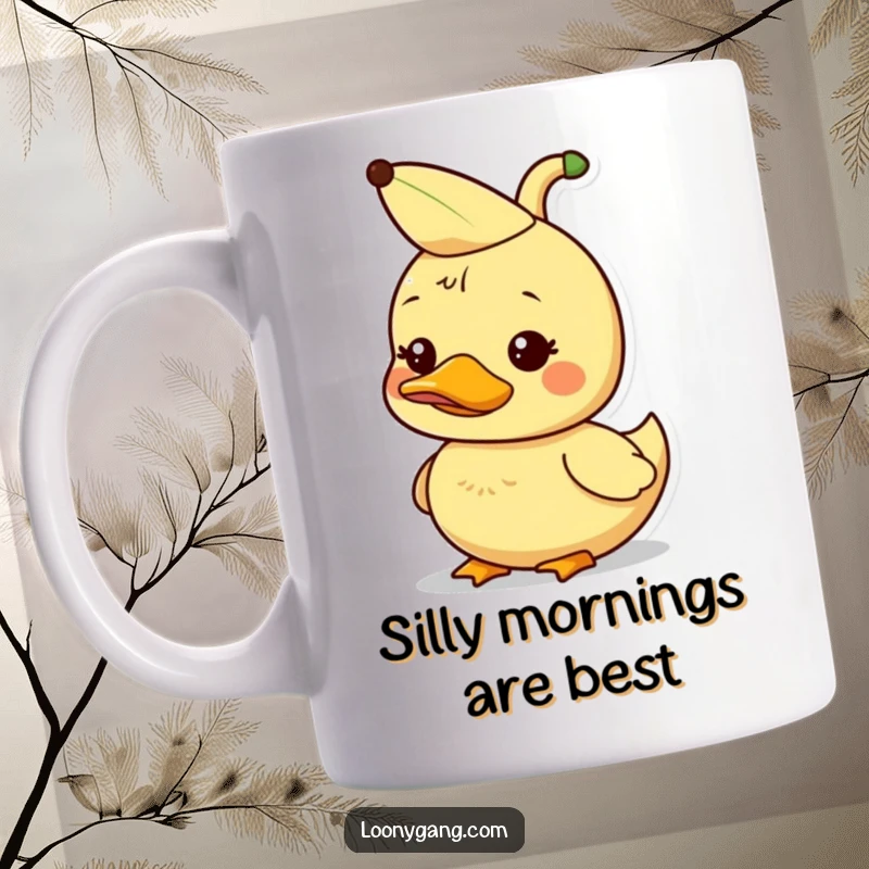 Funny dorky duckling with a banana peel on its head, silly and cute, perfect funny mug gift.