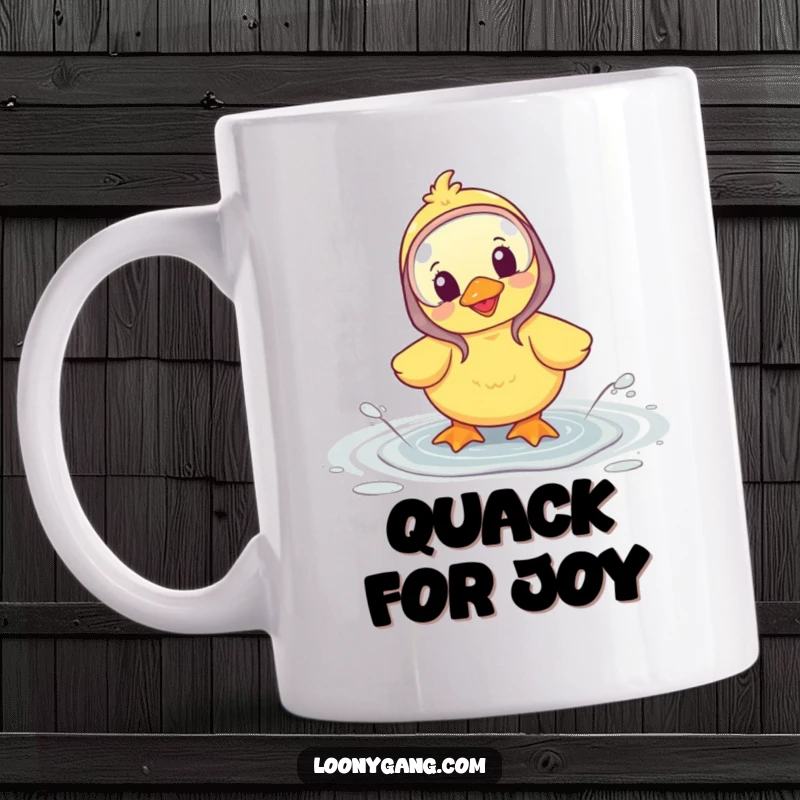 Funny mug featuring a happy duckling wearing colorful galoshes, joyfully splashing in a puddle.