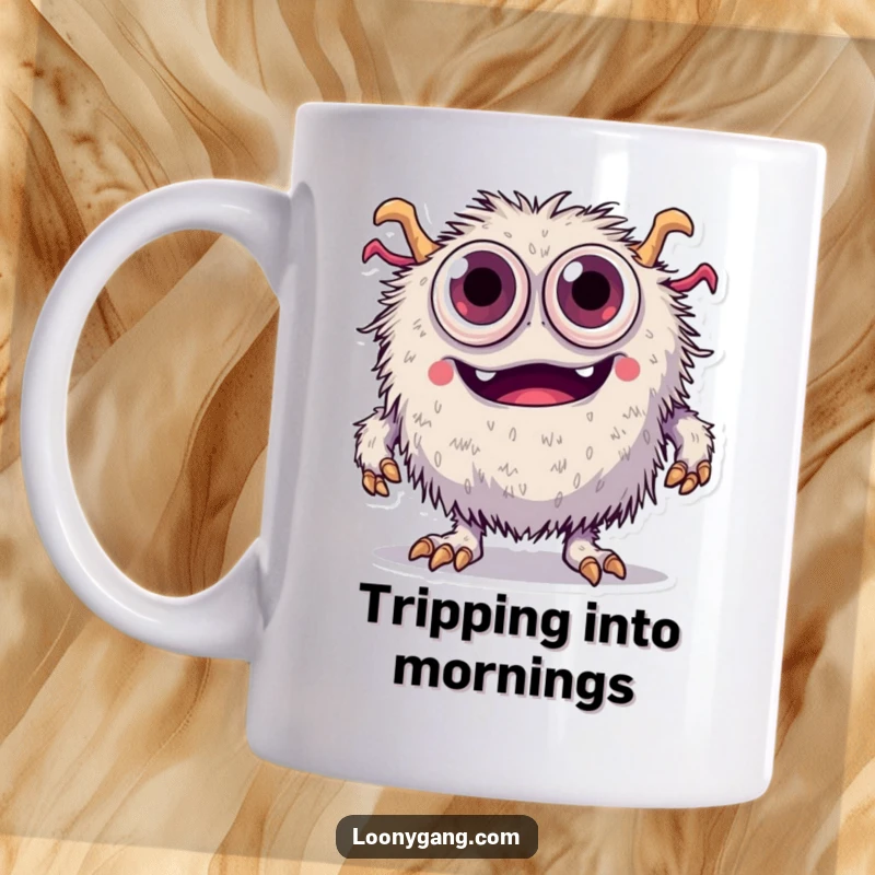 Funny fuzzy monster with numerous eyes comically tripping over its own feet, depicted on a humorous mug.