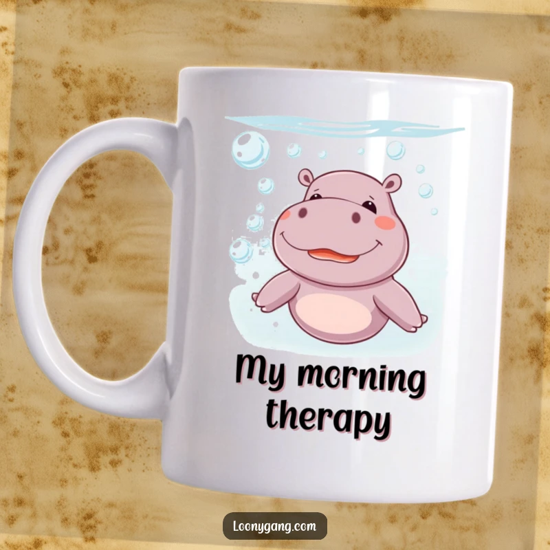 Funny underwater hippo mug, joyfully giggling and blowing a stream of bubbles, perfect for a lighthearted gift.