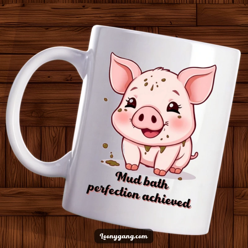 Funny Piglet Mug showing a happy, muddy piglet covered in splatters, radiating pure, messy joy. A perfect farm animal gift.