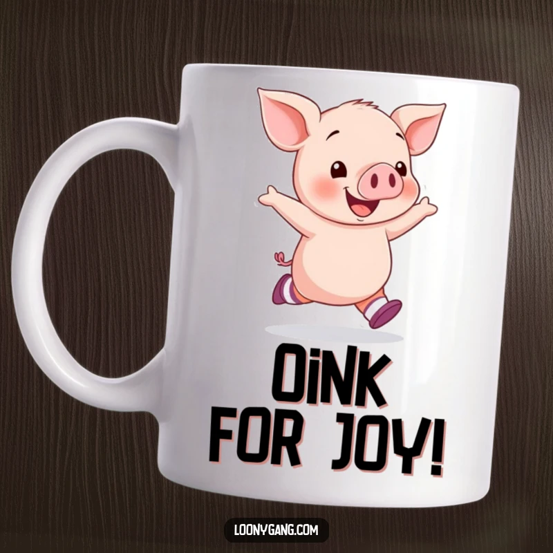 Funny piglet socks mug featuring a happy piglet wearing mismatched socks, skipping joyfully, perfect for those who love quirkiness.