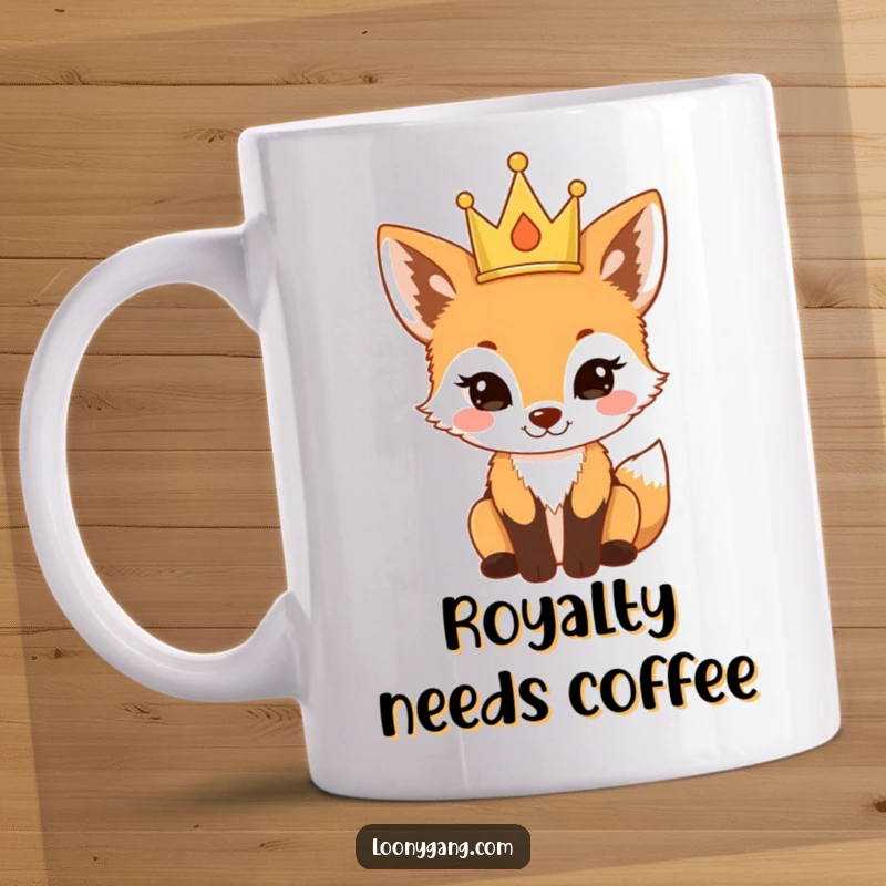 Funny fox cub wearing a small crown, standing proudly with an air of accomplishment on a mug, a cute funny gift.