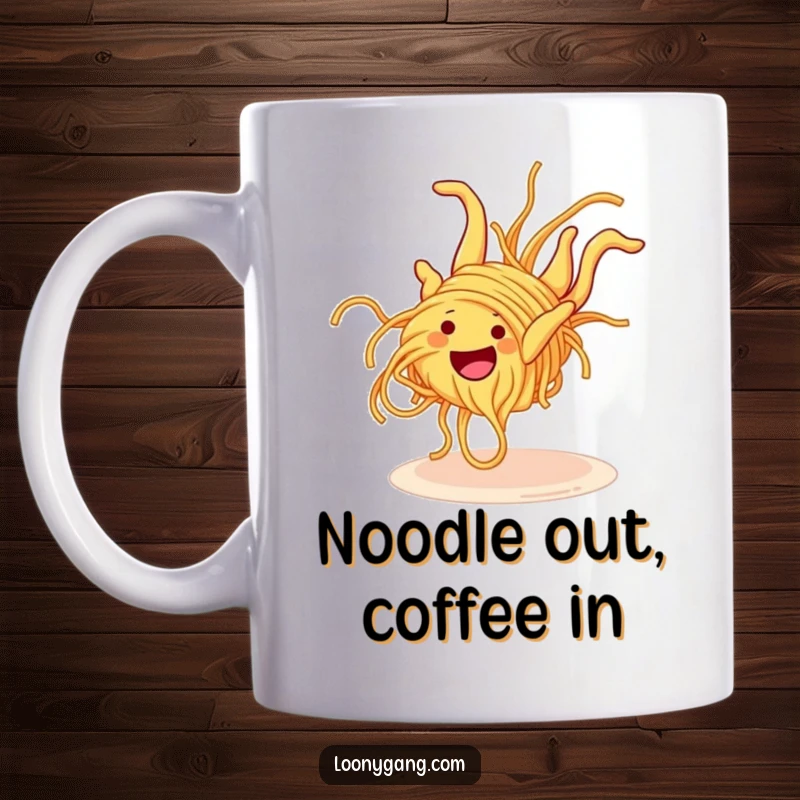 Funny Spaghetti Somersault Mug featuring a grinning spaghetti noodle mid-clumsy somersault, radiating playful silliness and a love for carbs.