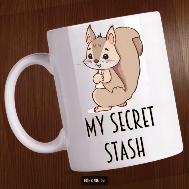 Funny squirrel mug, a mischievous bushy-tailed squirrel secretly hiding a giant acorn behind its back, plotting its next move.