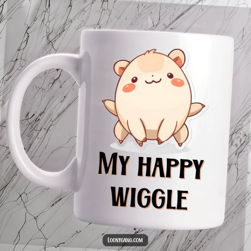 Funny creature with six short legs smiling and wiggling rhythmically, cheerful mug design.