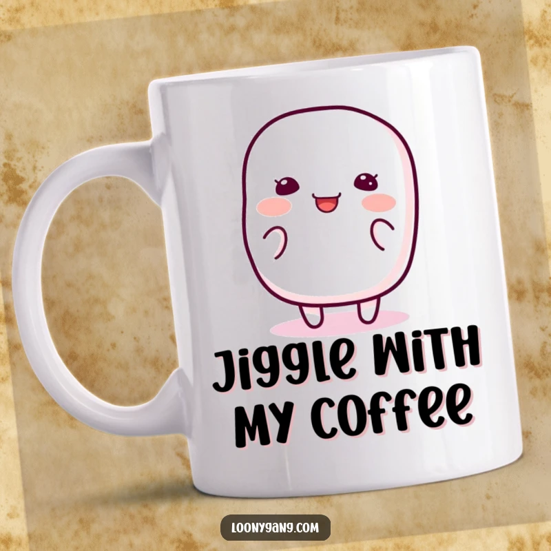 Funny Marshmallow Wiggle Mug featuring a happy, jiggly marshmallow character wiggling with pure, unadulterated silliness and charm.