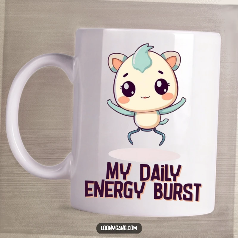 Funny Mug featuring a creature with springy legs, enthusiastically bouncing in place with a joyful expression, ready for action.