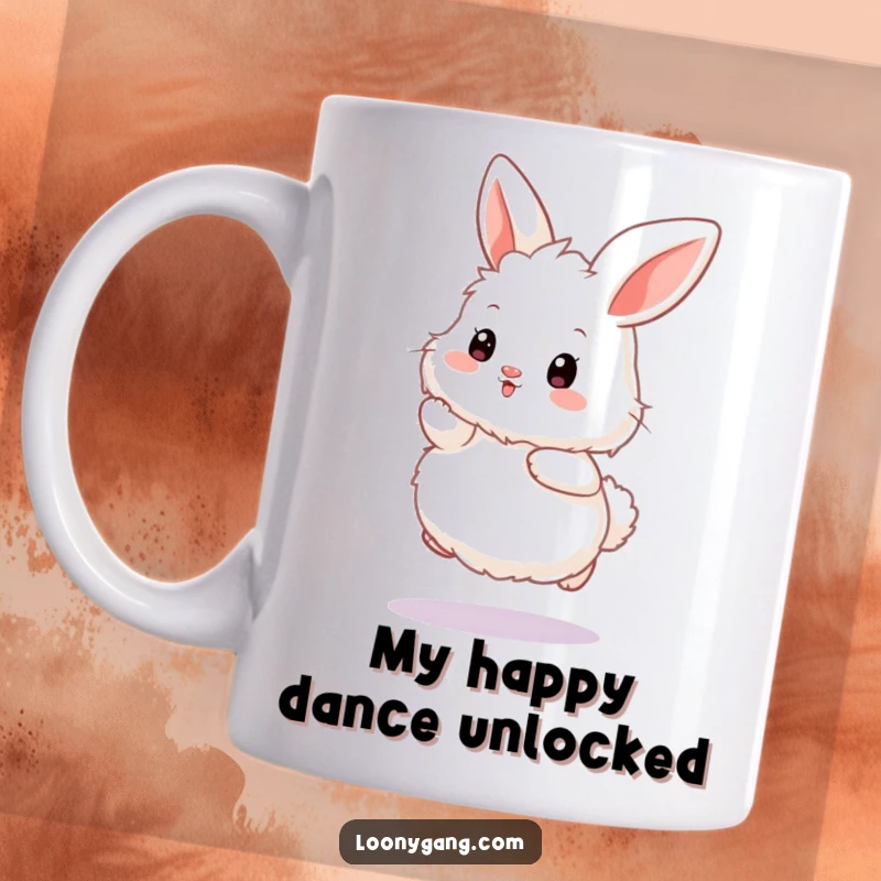 Funny bunny mug featuring a fluffy white rabbit doing an exaggerated, joyful wiggle hop, capturing pure, unadulterated happiness.