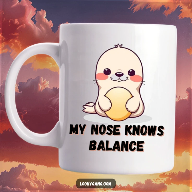 Funny Mug featuring a cute seal hilariously attempting to balance a ball on its nose with a wobbling expression.