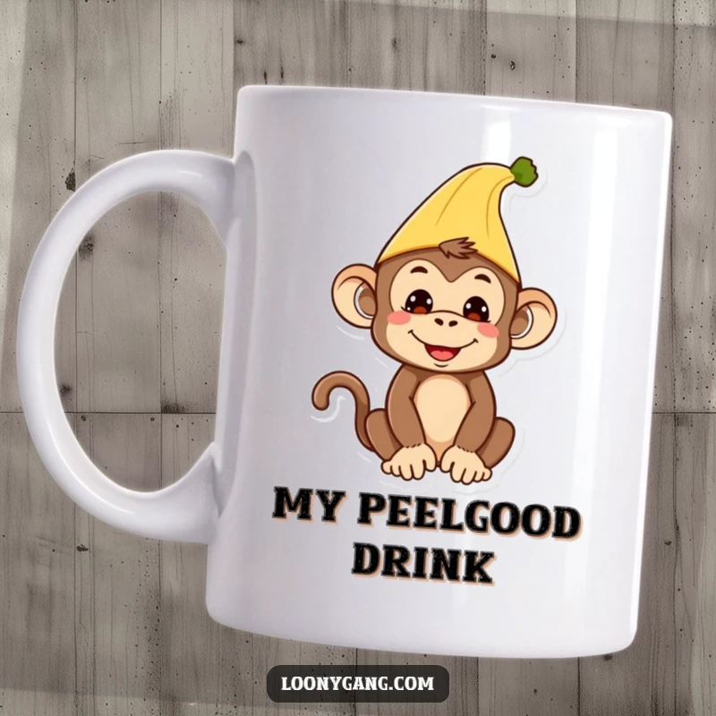 Funny Monkey Mug: Silly monkey wears a banana peel as a funny hat, looking mischievous.