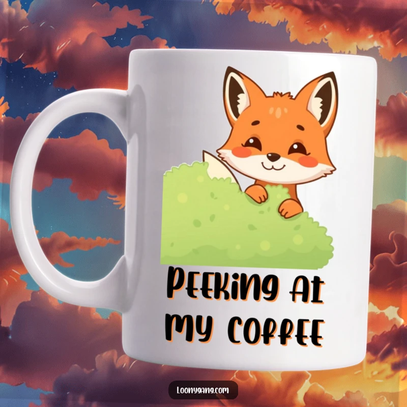 Funny Fox Mug featuring a sly fox peeking from behind a bush with a mischievous grin, suggesting playful secrets and clever fun.