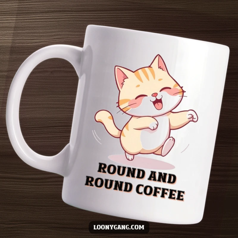 Funny mug depicting a chuckling cat in a dizzying spin, comically chasing its own tail with pure delight.