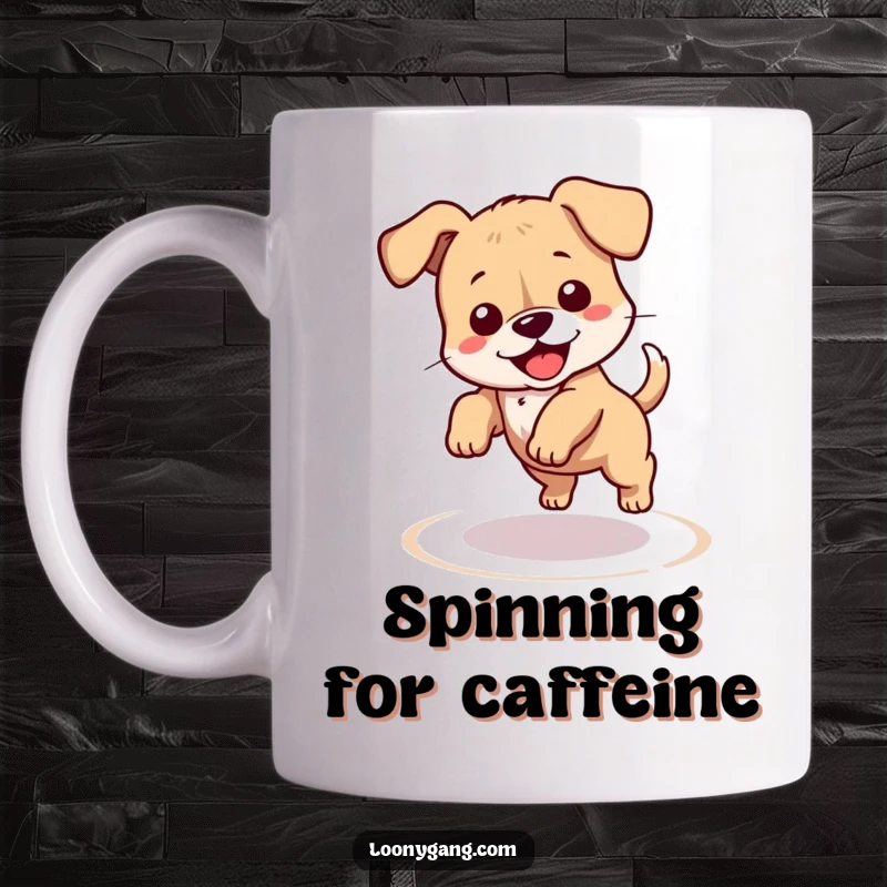 Funny puppy mug showing a clumsy dog spinning in a dizzy circle while chasing its tail, bringing laughter. Ideal for dog owners and funny mug collectors.